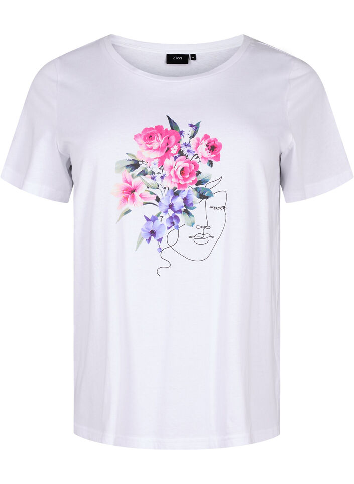 Cotton T-shirt with flowers and portrait motif, B. White Face Flower, Packshot image number 0