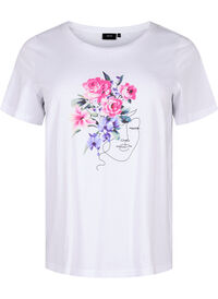 Cotton T-shirt with flowers and portrait motif
