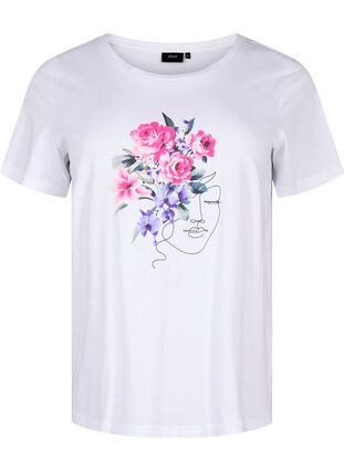 Cotton T-shirt with flowers and portrait motif, B. White Face Flower, Packshot image number 0