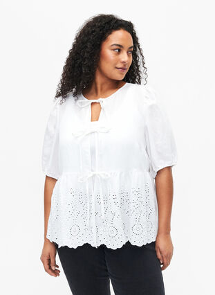 Viscose blouse with embroidery anglaise, Bright White, Model image number 0