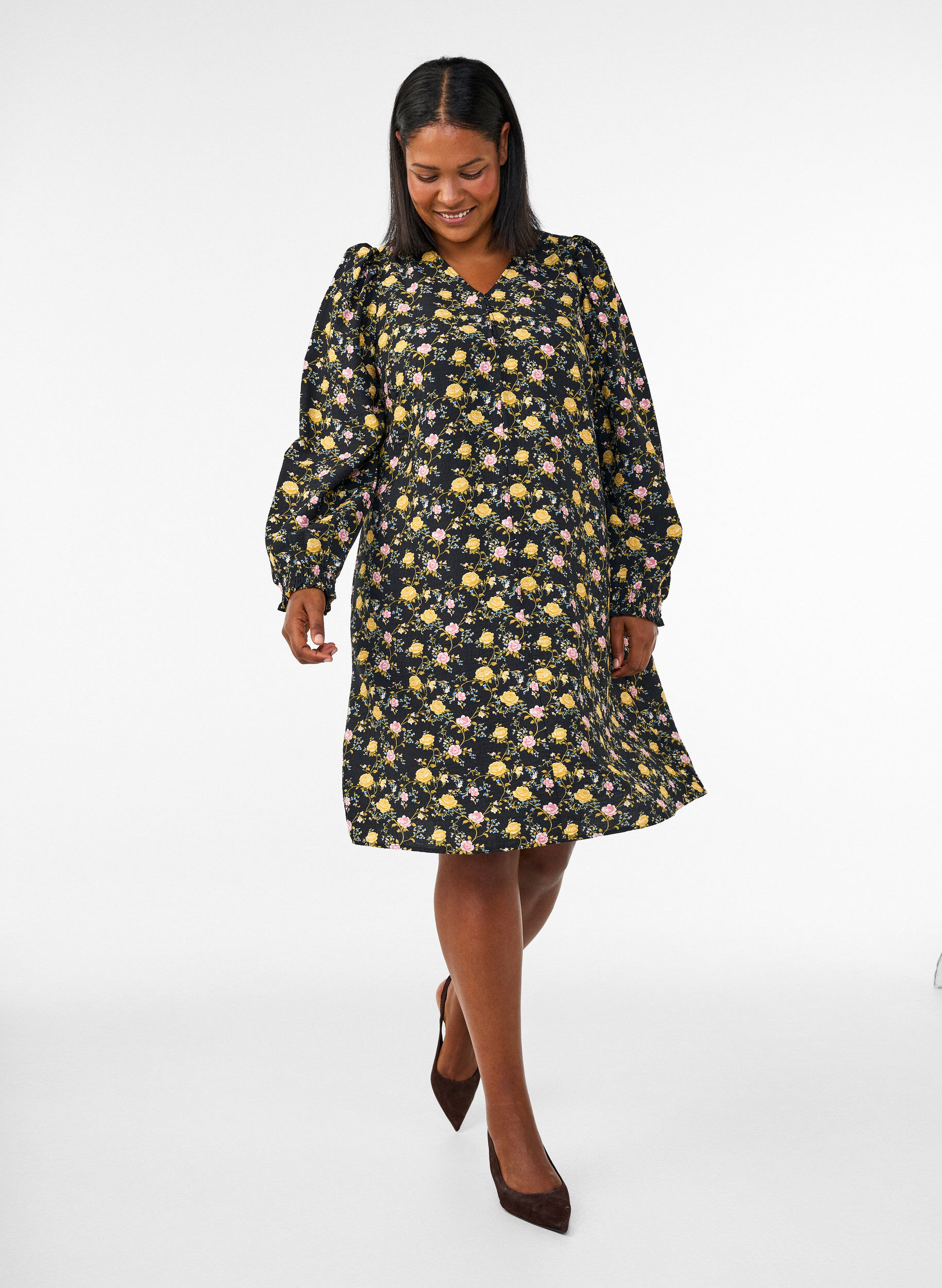 ZizzifashionPatterned viscose dress with long sleeves, Black, Model image number 1