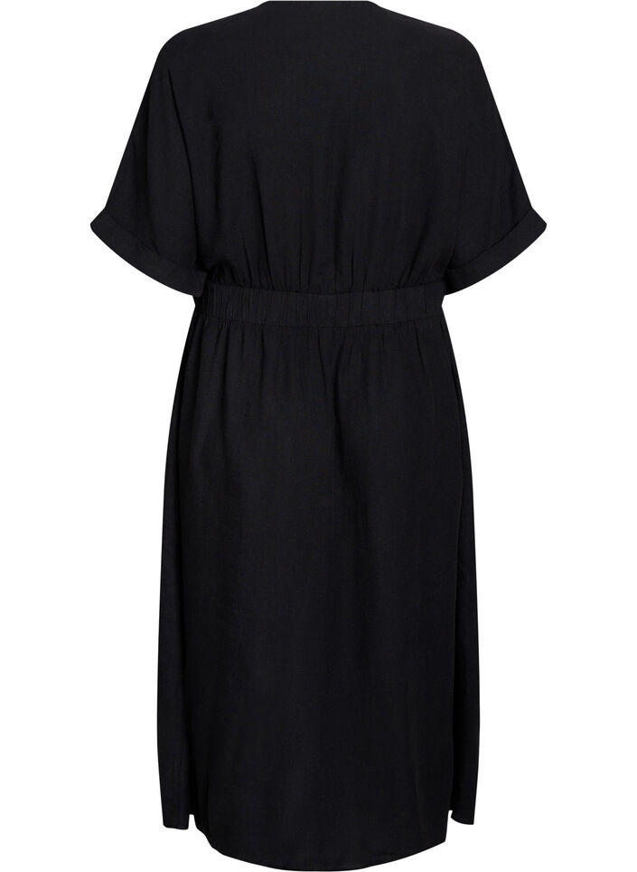 Linen and viscose midi dress with front slits, Black, Packshot image number 1