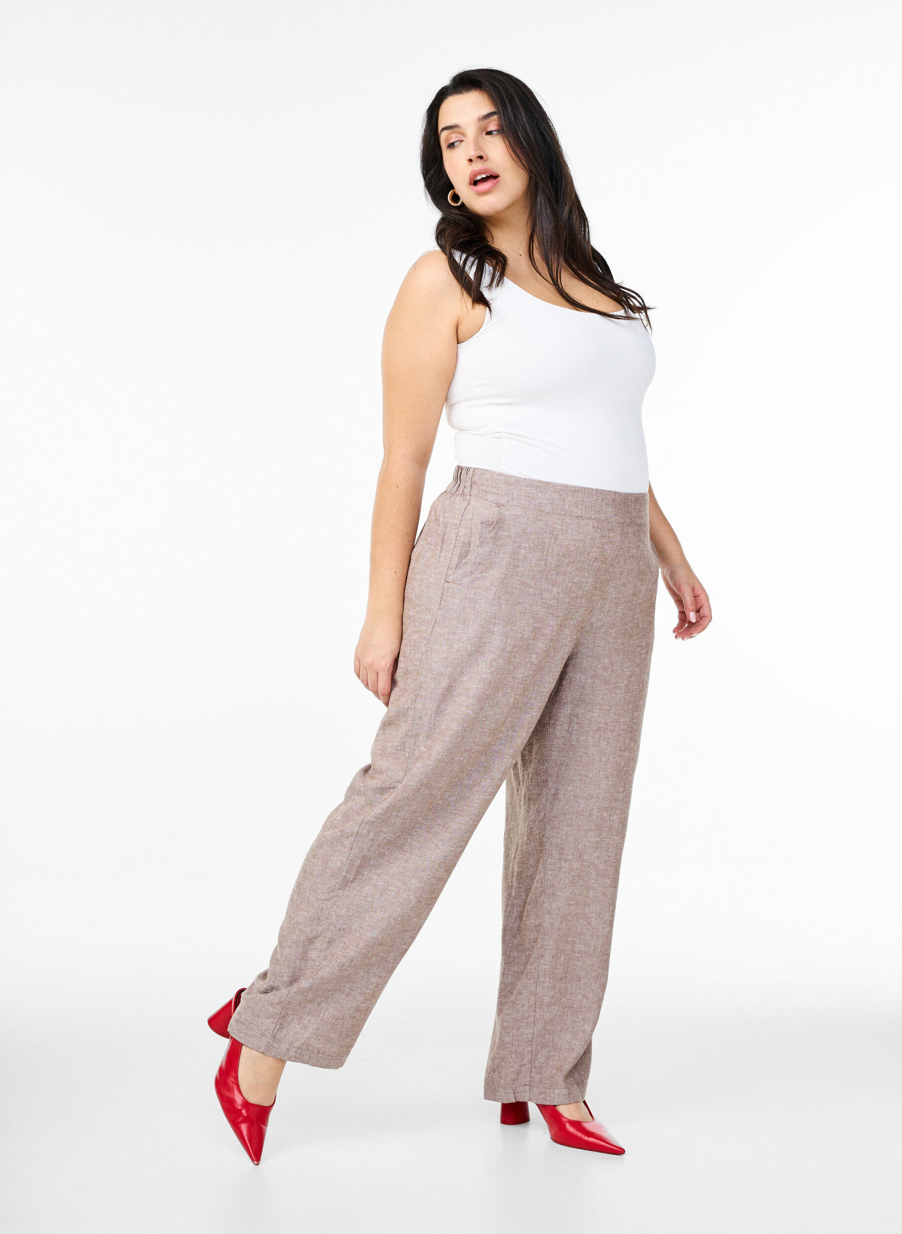 Zizzifashion Loose trousers in linen and viscose, Brown, Model image number 0