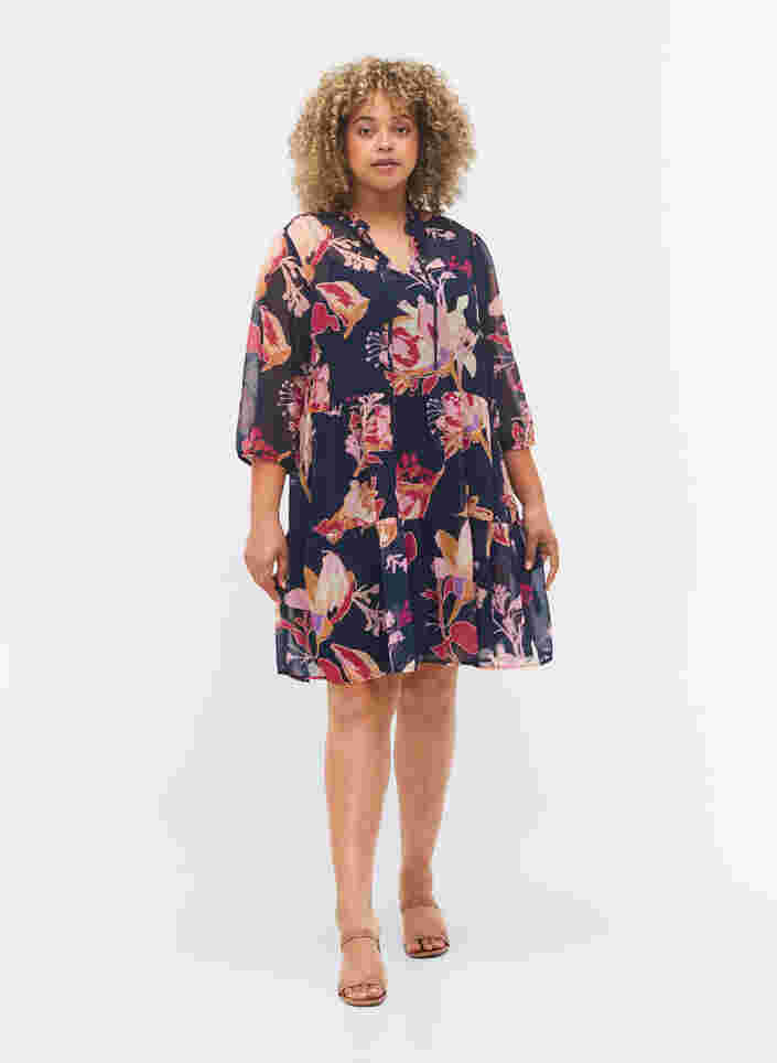 Floral tunic with 3/4 sleeves and ruffle collar, Big Flower AOP, Model image number 2