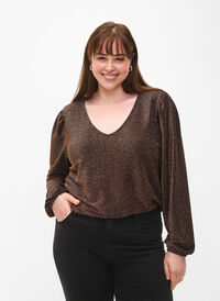 Glitter blouse with puff sleeves, Black Copper, Model