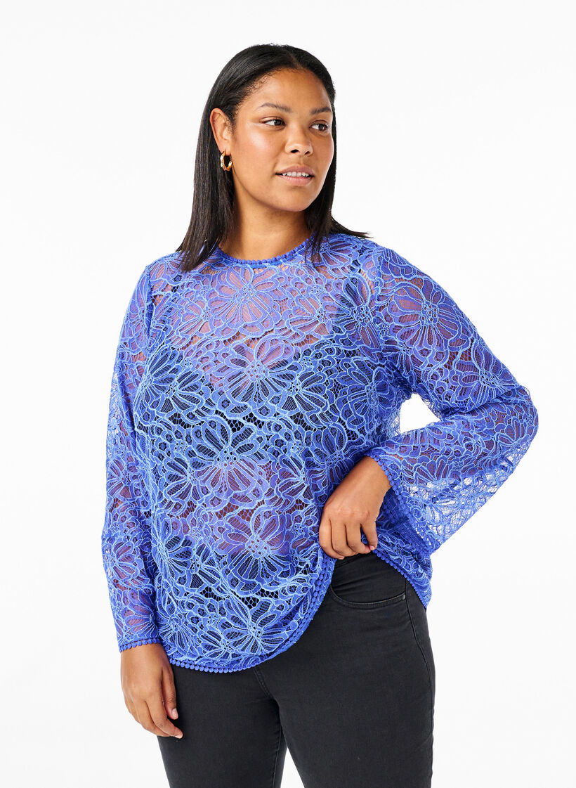 Lace blouse with round neck and long sleeves, Blue, Model image number 0