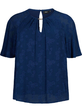 Short-sleeved blouse with structure, Navy Blazer, Packshot image number 0