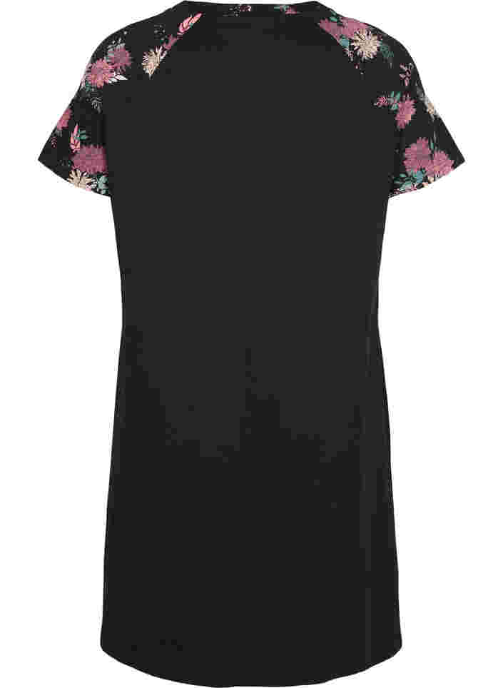 	 Short sleeve cotton nightdress with print details, Black AOP Flower, Packshot image number 1