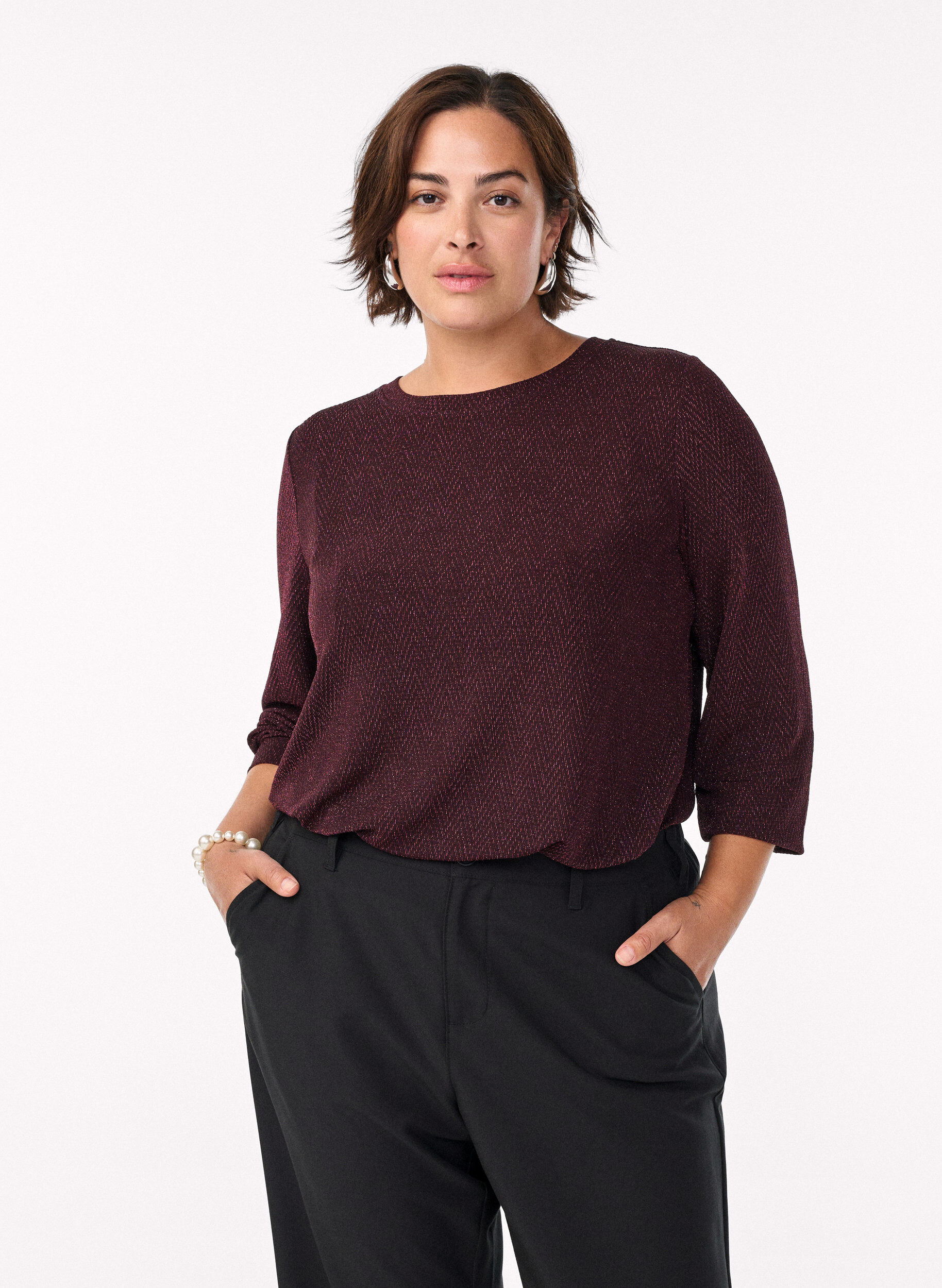ZizzifashionBlouse with herringbone pattern and glitter thread, Dark Bordeaux, Model image number 0