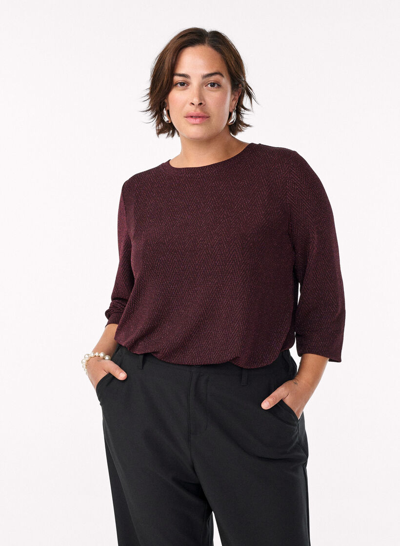 Blouse with herringbone pattern and glitter thread, Dark Bordeaux, Model image number 0