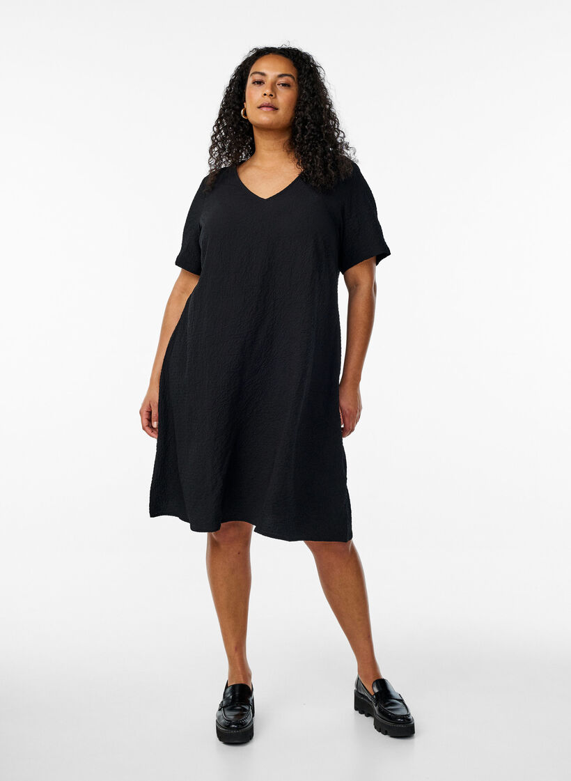 FLASH - Short-sleeved dress with a V-neck, Black, Model image number 1