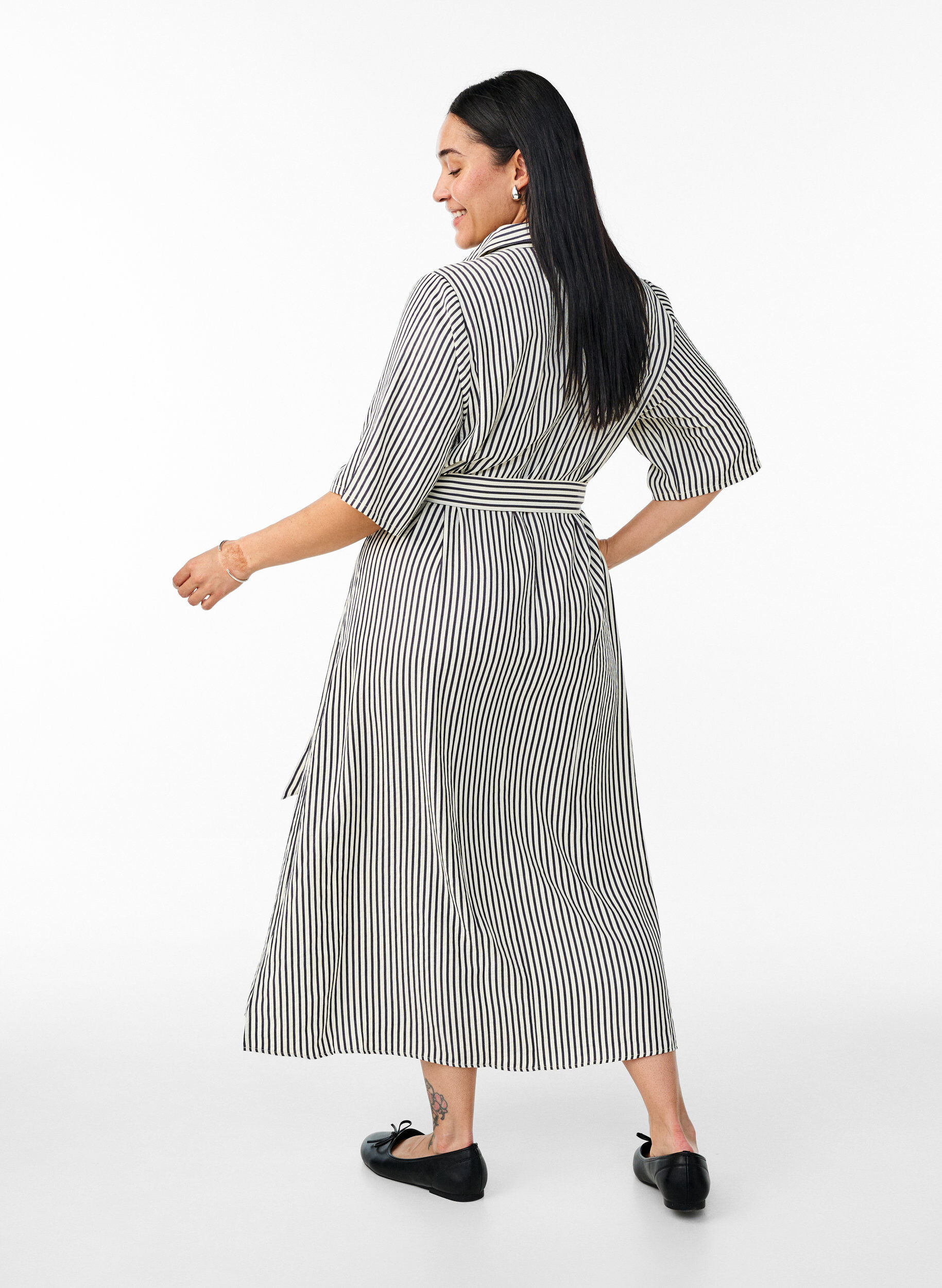 ZizzifashionAnkle-length shirt dress with tie belt and stripes, Black, Model image number 1