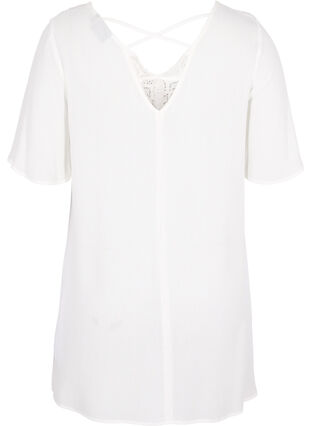Short-sleeved viscose tunic with lace details, Off White, Packshot image number 1