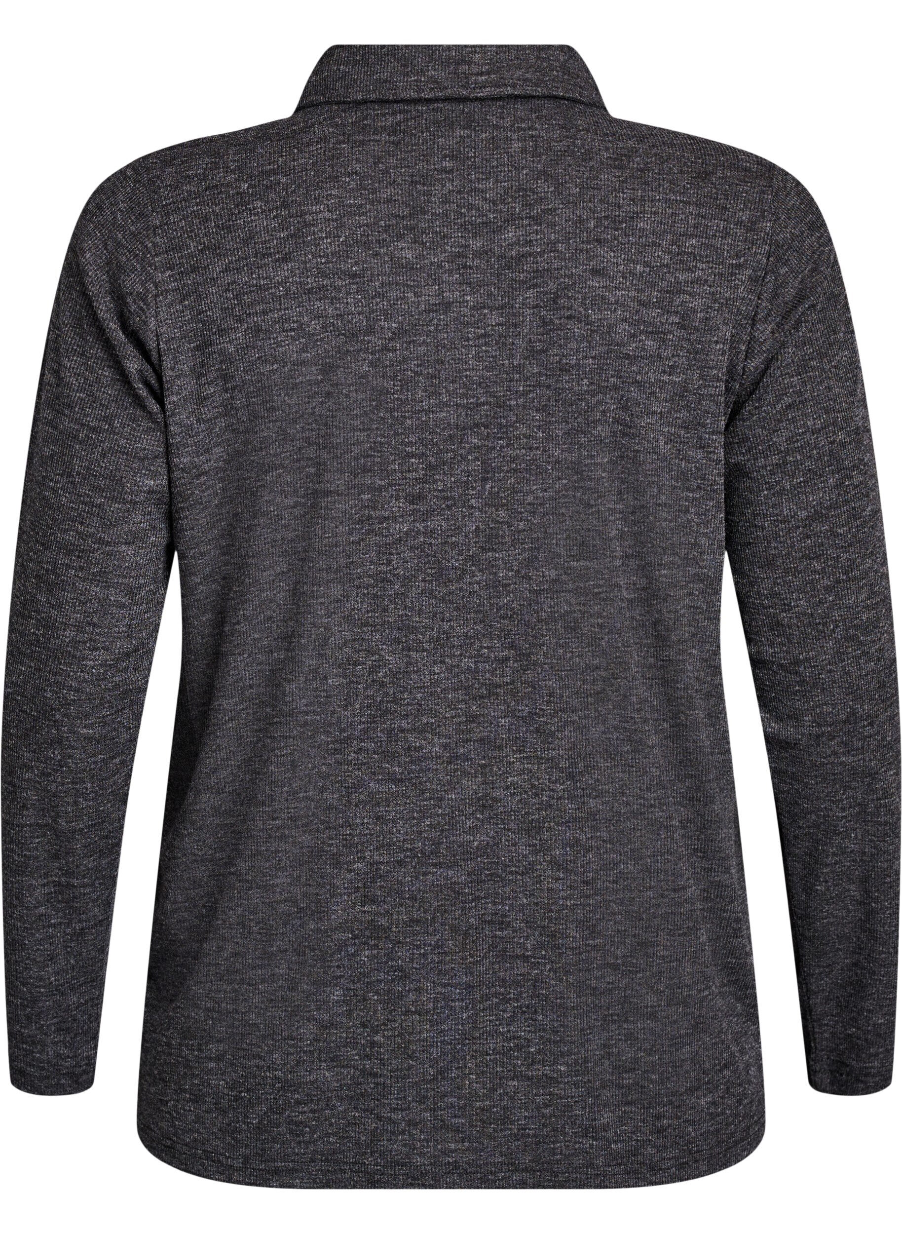 Zizzifashion Long-sleeved polo in stretchy ribbed quality, Dark Grey, Packshot image number 1