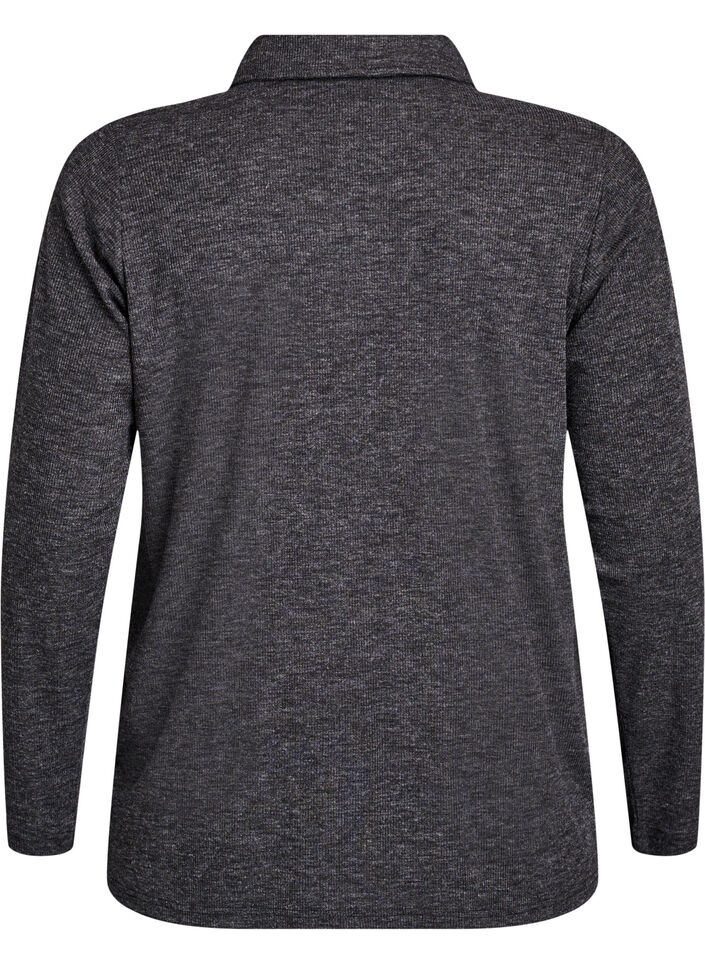 Long-sleeved polo in stretchy ribbed quality, Dark Grey, Packshot image number 1
