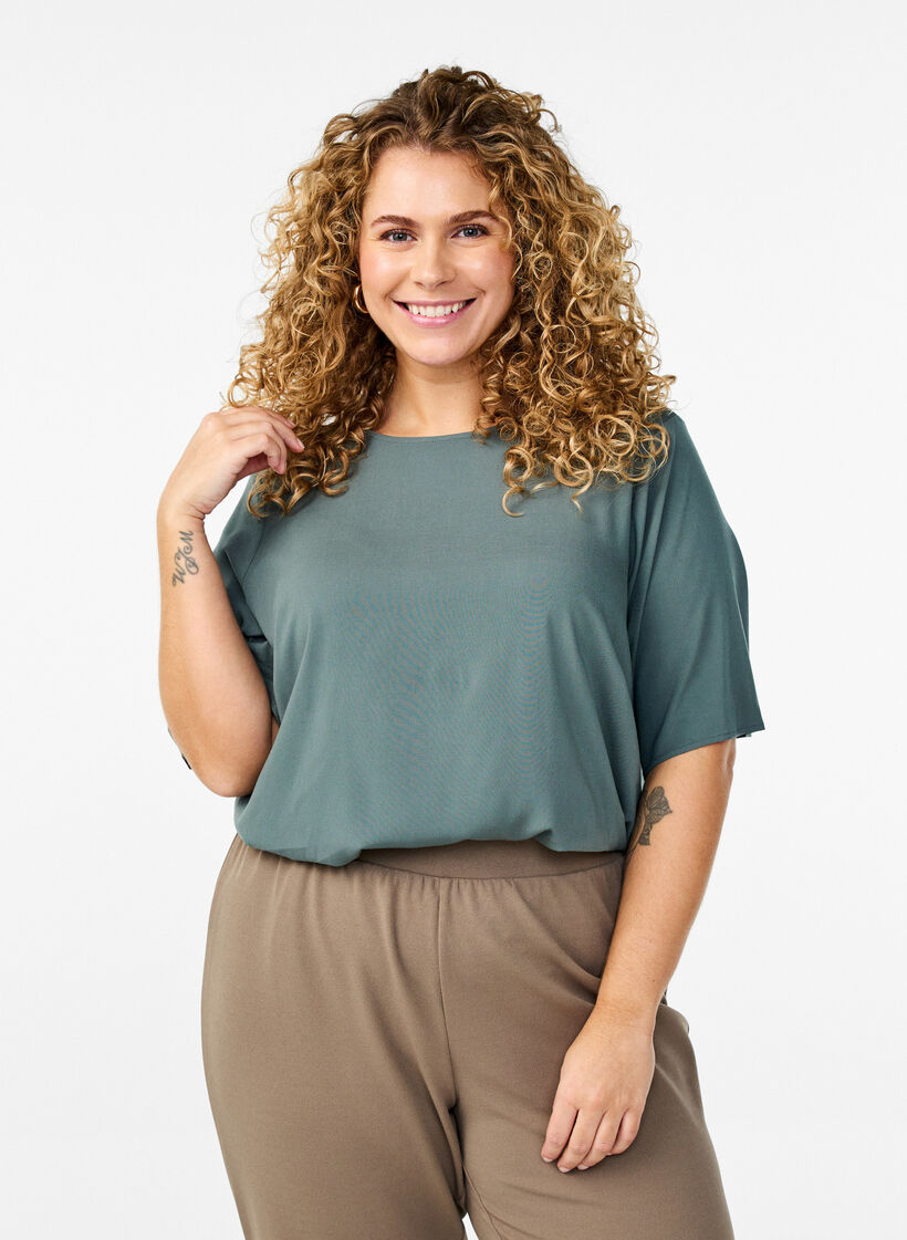 FLASH - Short-sleeved woven blouse with round neck, Green, Model image number 0