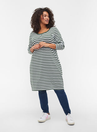 Striped cotton dress with long sleeves , M View w.White Thin, Model image number 2