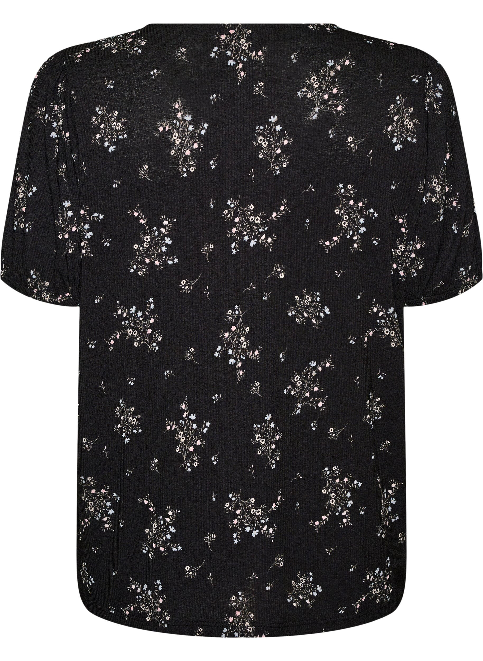 ZizzifashionPatterned blouse with short sleeves, Black, Packshot image number 1