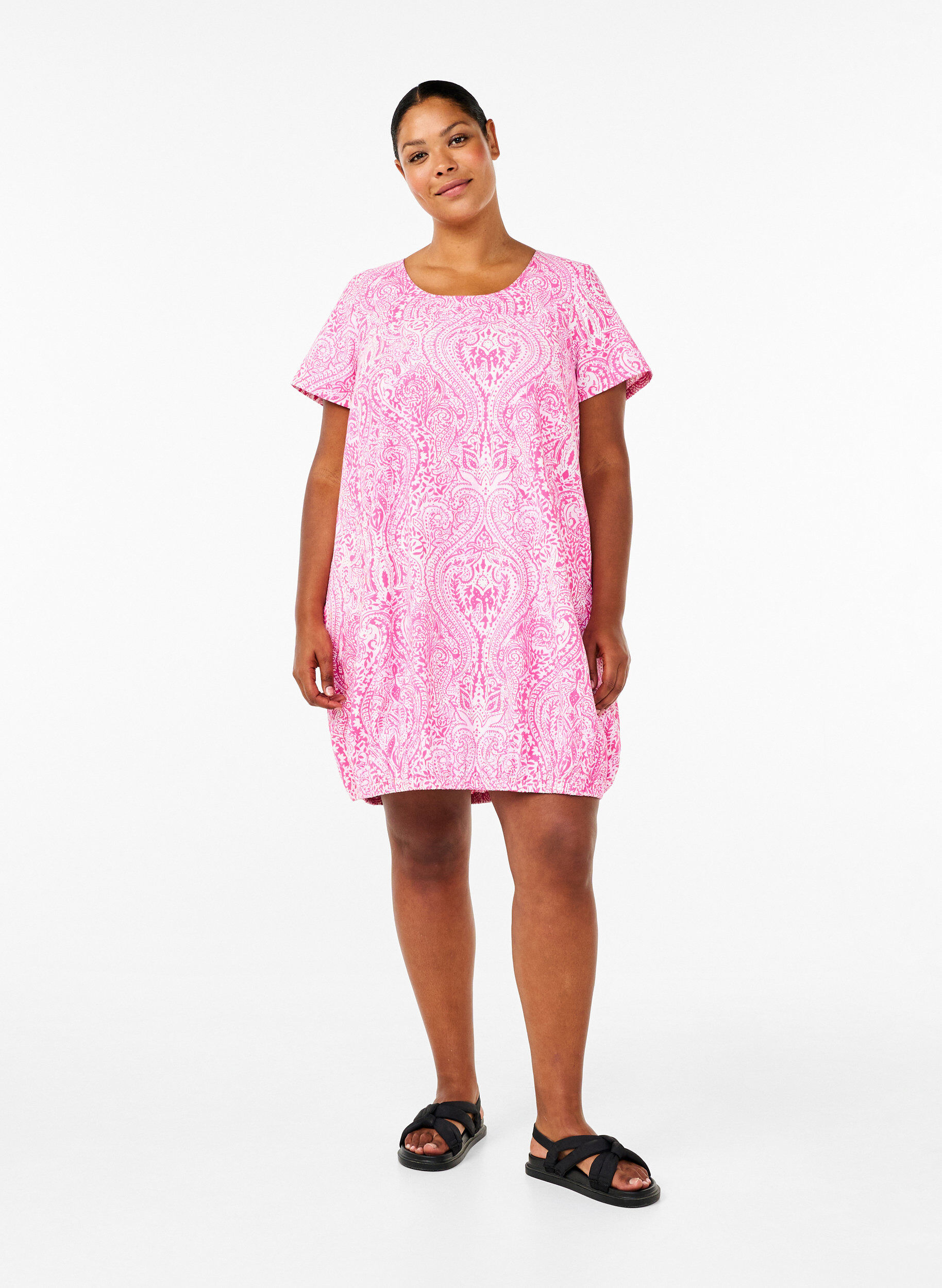 Zizzifashion Short-sleeved cotton dress with paisley print, Pink, Model image number 1