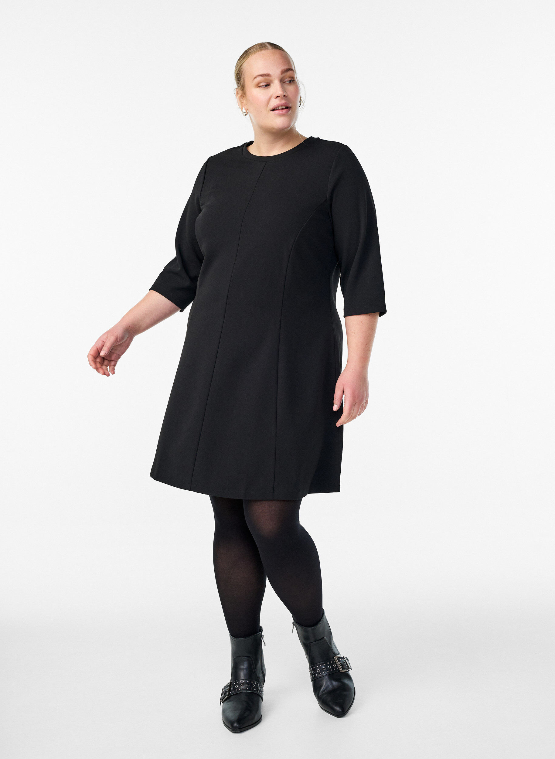 Zizzifashion Short A-line jersey dress with 3/4 sleeves, Black, Model image number 1