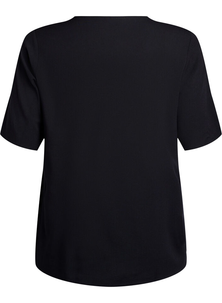 Short-sleeved woven blouse with round neck, Black, Packshot image number 1
