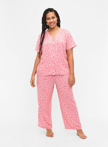 Loose viscose pyjama bottoms with print, Pink Icing W. hearts, Model image number 0