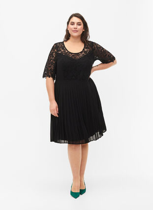 Short sleeve dress with lace top, Black, Model image number 2