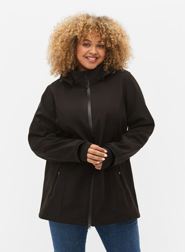 Short softshell jacket with detachable hood, Black, Model image number 0