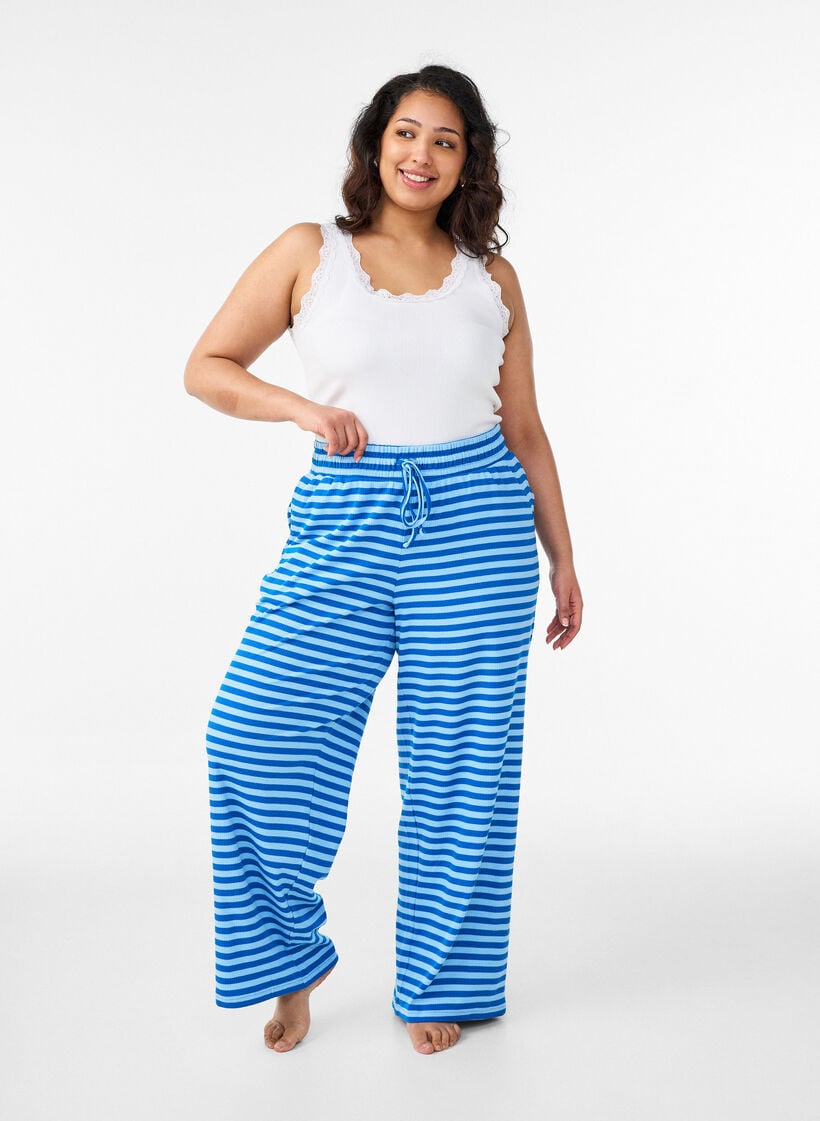 Striped pyjama bottoms with a high waist and wide legs, Light Blue, Model image number 0