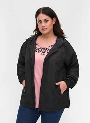 Short jacket with hood and adjustable bottom hem, Black, Model image number 0