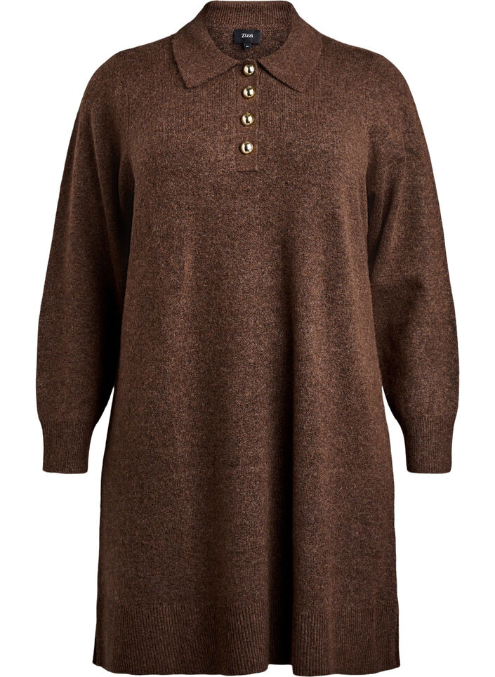 Short knit dress with polo collar and buttons, Brown, Packshot