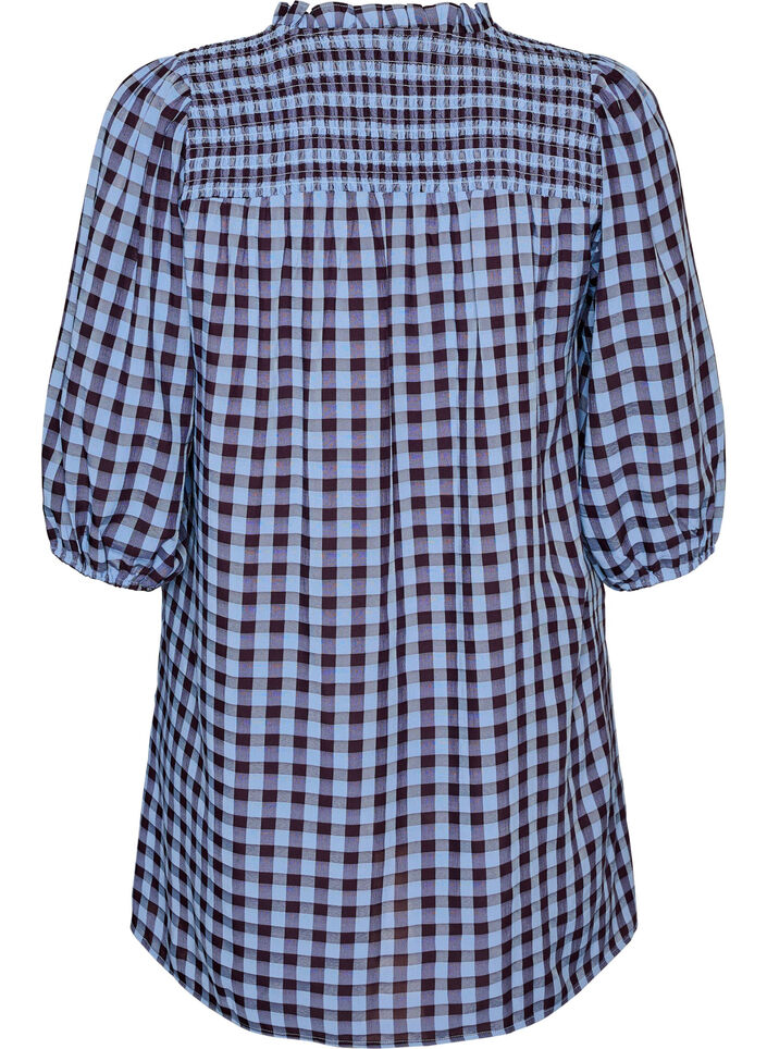 Tunic with gingham check and ruffle collar, Blue, Packshot image number 1