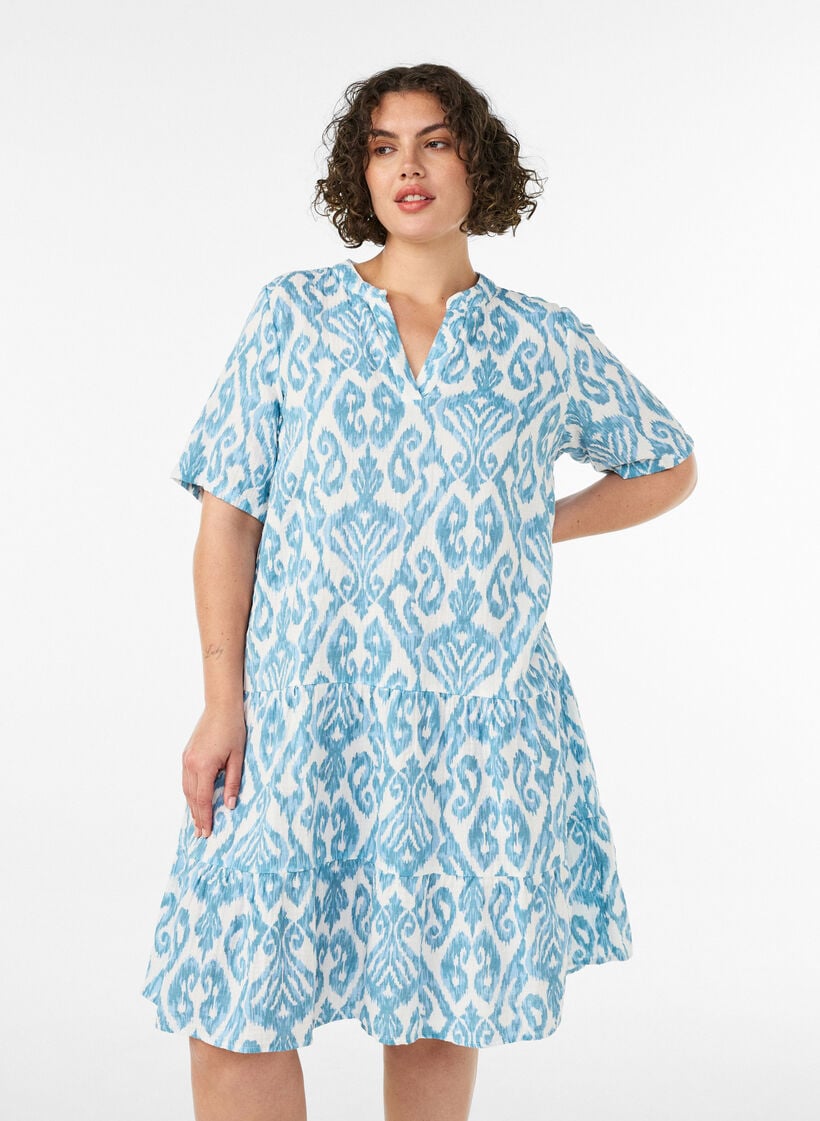 Short A-line dress in cotton muslin, Vanilla, Model image number 0