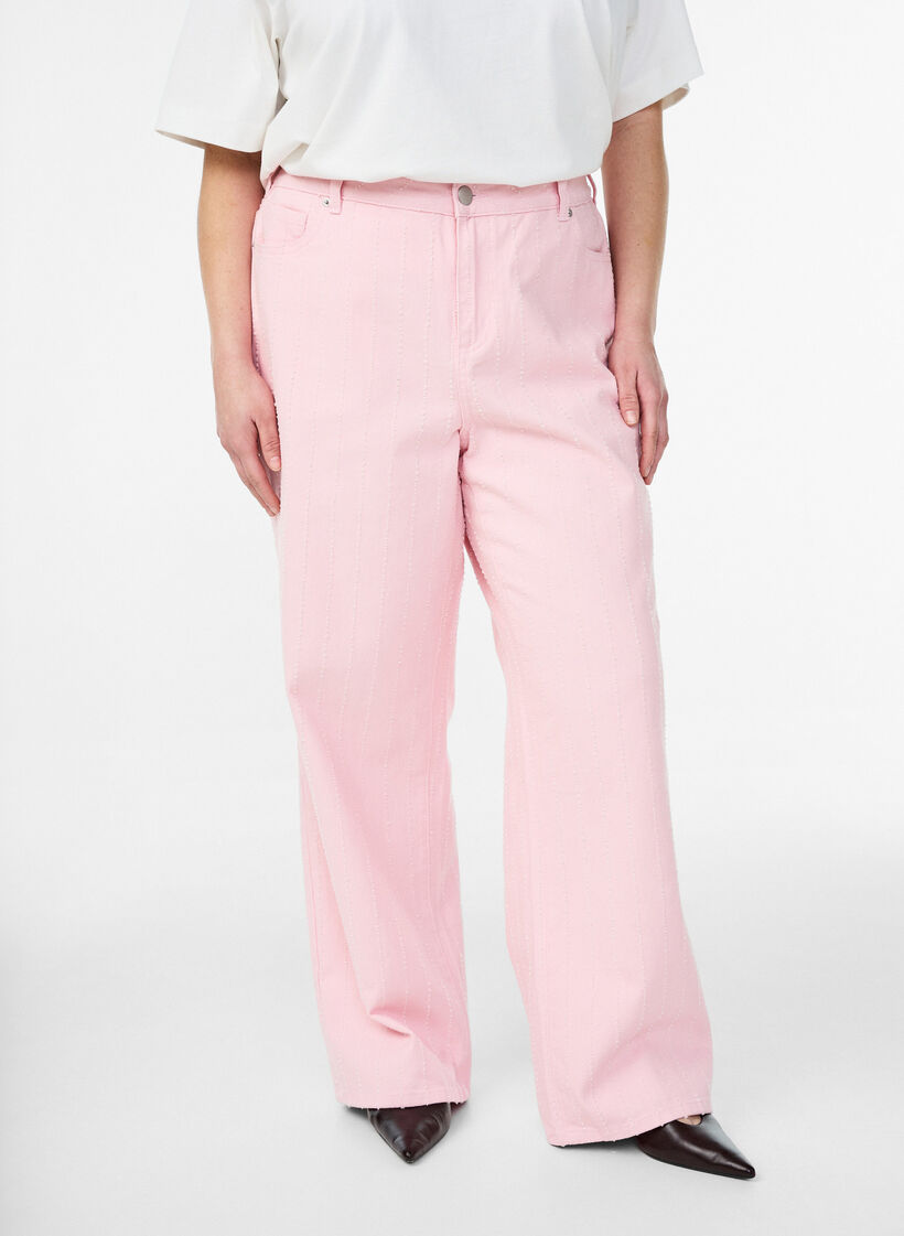 Myra jeans in coloured denim with wide fit and textured pattern, Red, Model image number 2