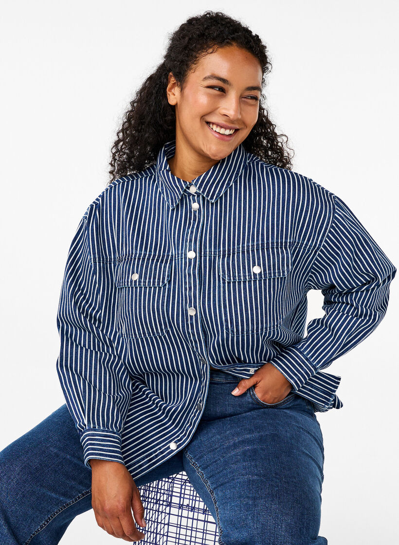 Striped denim shirt with chest pockets, Blue Denim Stripe, Image image number 0
