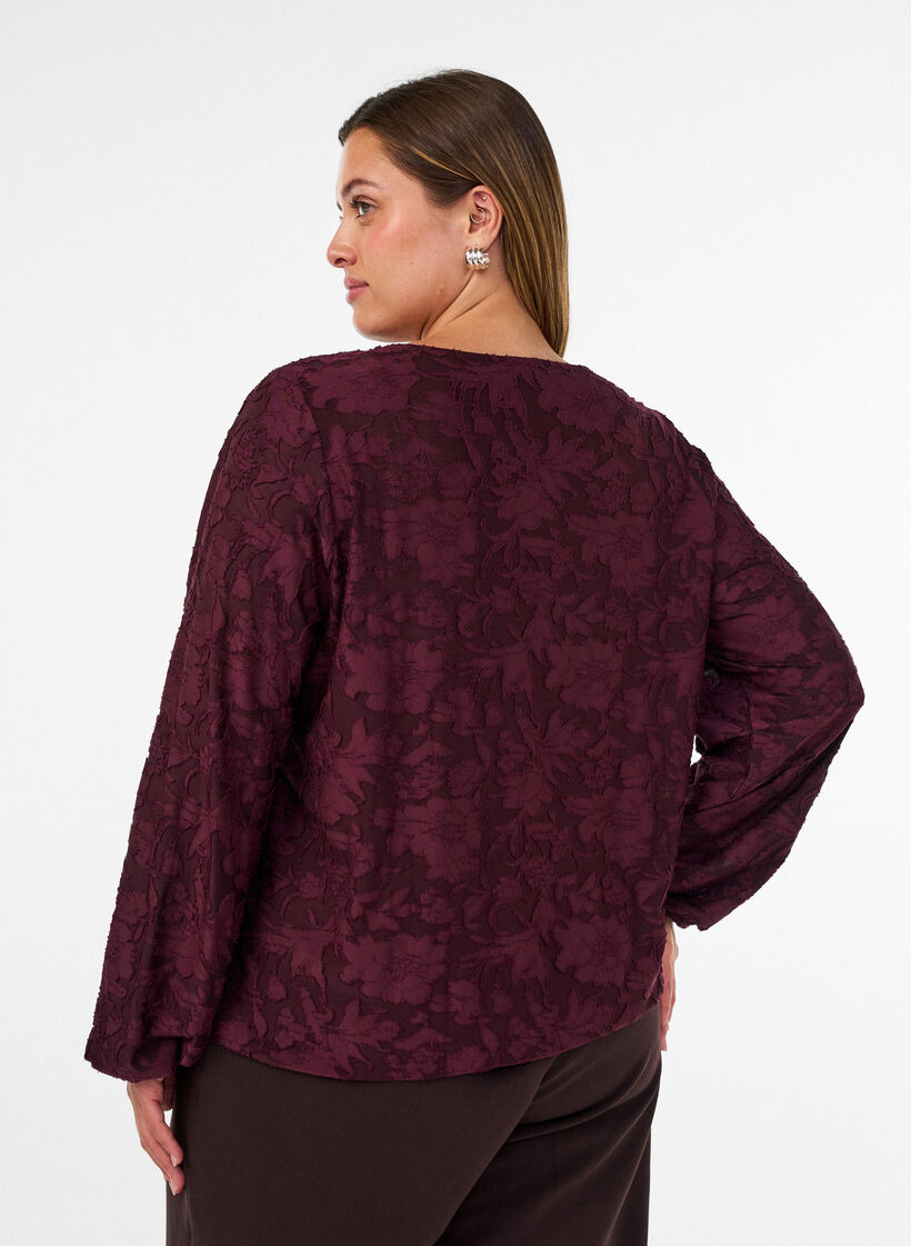 Sheer blouse with floral texture and long sleeves, Red, Model image number 2