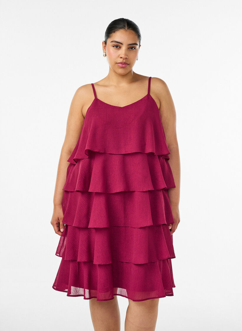 Layered dress with ruffles and spaghetti straps, Red, Model image number 0