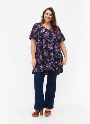 FLASH - Tunic with v neck and print, Navy Rose Flower, Model image number 2