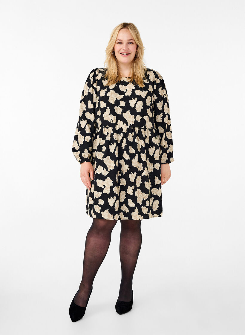 Long-sleeved dress with print and bows, Black, Model image number 1
