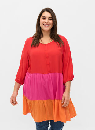 Viscose tunic with colour-block, Pink Block, Model image number 0