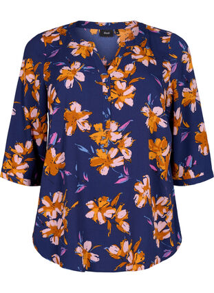 Floral blouse with 3/4 sleeves, Peacoat Flower AOP, Packshot image number 0