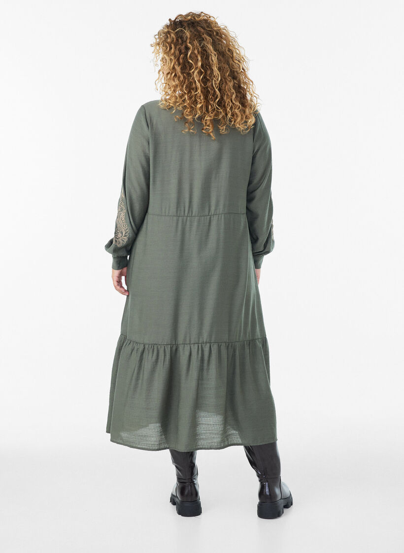 Viscose dress with embroidery and tiered ruffles, Green, Model image number 1