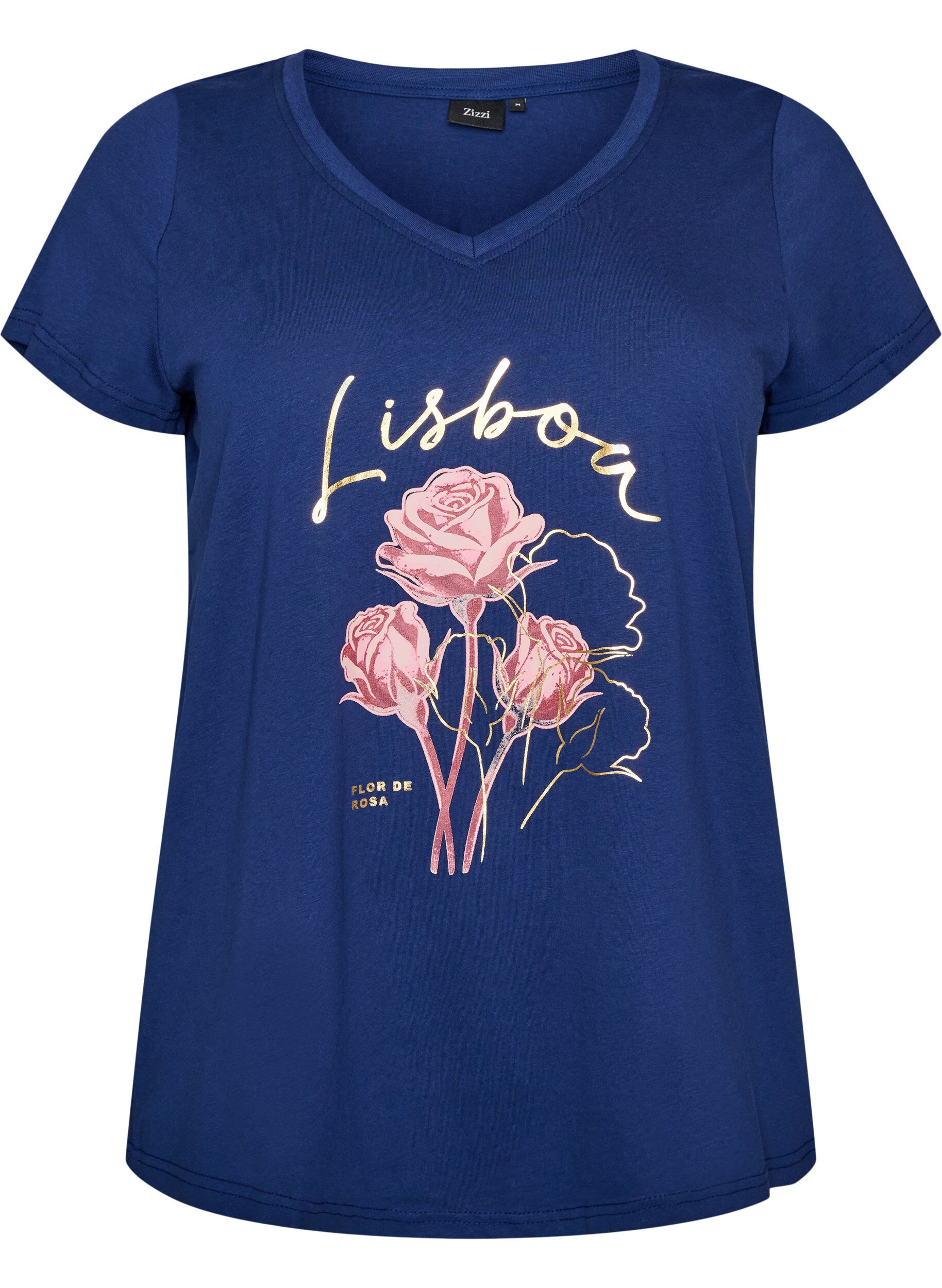 Cotton T-shirt with front print and V-neck