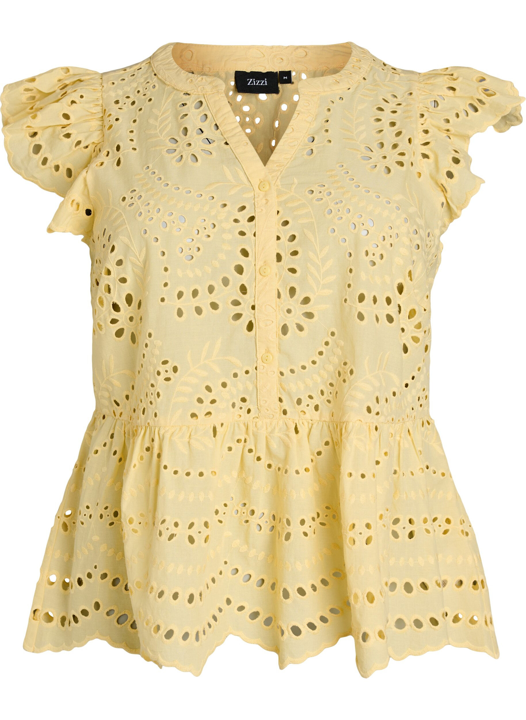 Zizzifashion Sleeveless broderie anglaise blouse with ruffles, Yellow, Packshot image number 0