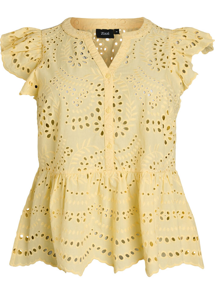 Sleeveless broderie anglaise blouse with ruffles, Yellow, Packshot image number 0