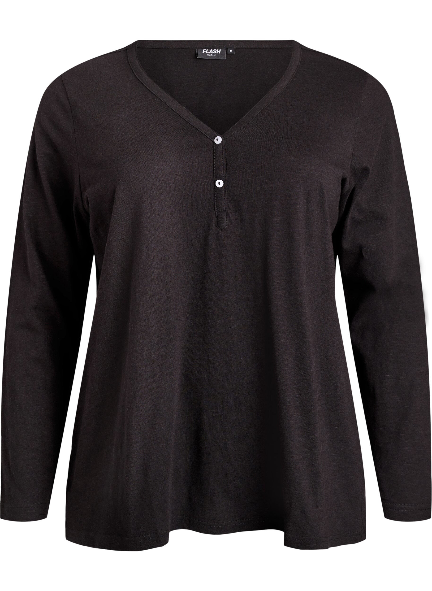 ZizzifashionLong-sleeved t-shirt with V-neck and buttons, Black, Packshot image number 0