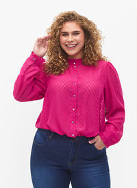Shirt blouse with ruffles and patterned texture, Festival Fuchsia, Model