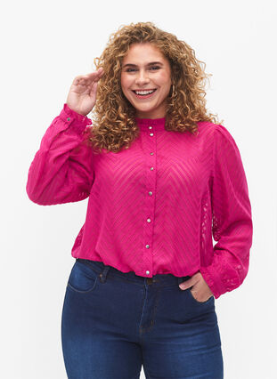 Shirt blouse with ruffles and patterned texture, Festival Fuchsia, Model image number 0