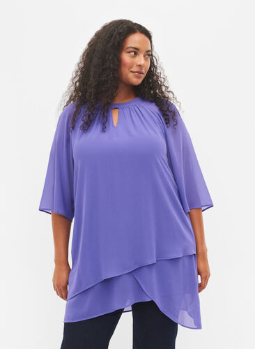 Chiffon blouse with 3/4 sleeves, Purple Corallites, Model image number 0