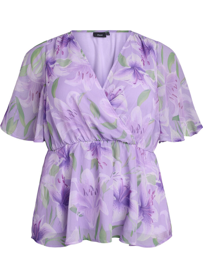 Floral chiffon blouse with short sleeves, Purple, Packshot image number 0